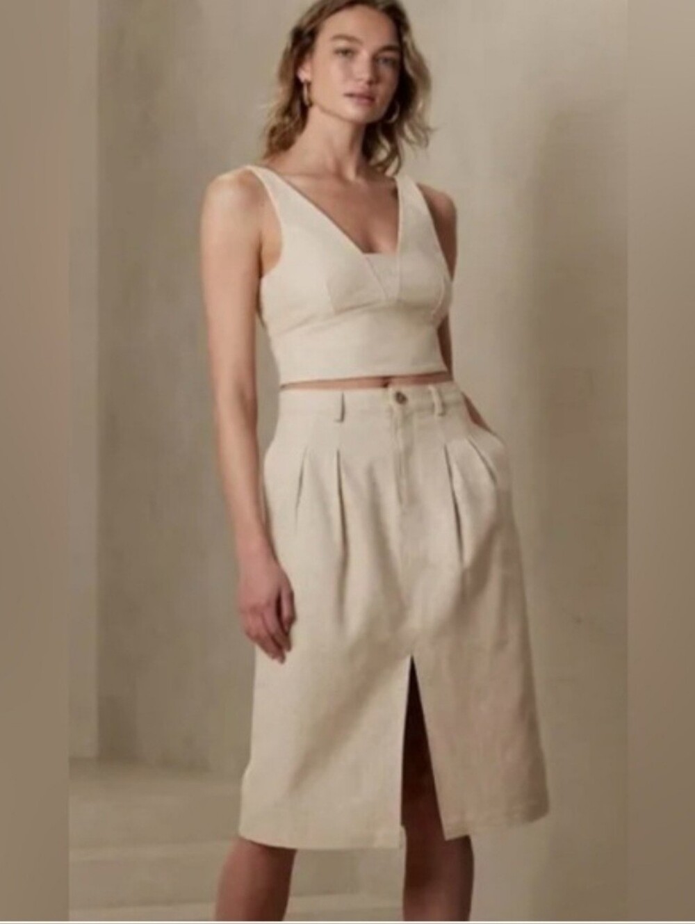 Banana Republic Cream Oatmeal Herringbone Linen Blend Midi Skirt Sz 16 Preppy